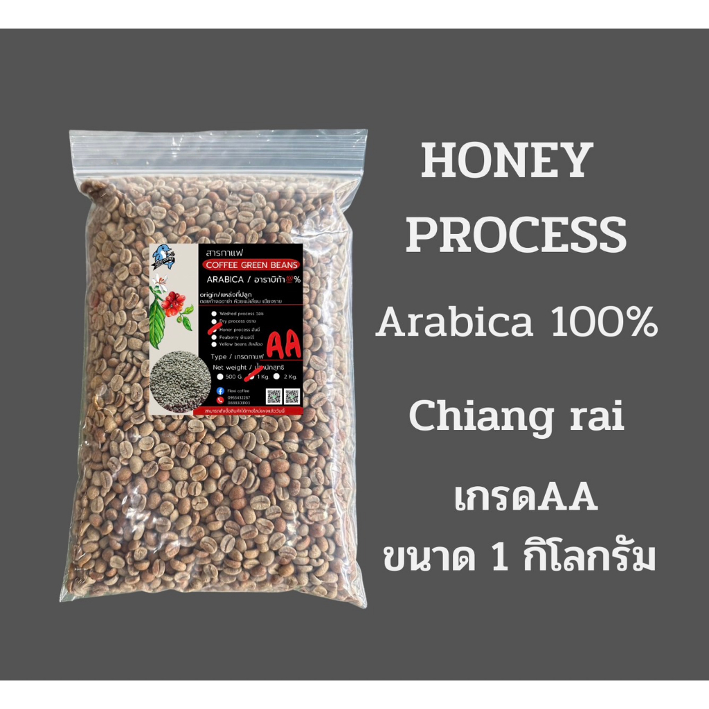 เมล็ดกาแฟดิบ/เมล็ดกาแฟสารHoney processอาราบิก้าแท้100%เกรดAA ขนาด 1kgจากดอยก้าจออาข่าห้วยแม่เลี่ยม ห้วยชมภูเชียงราย ใหม่