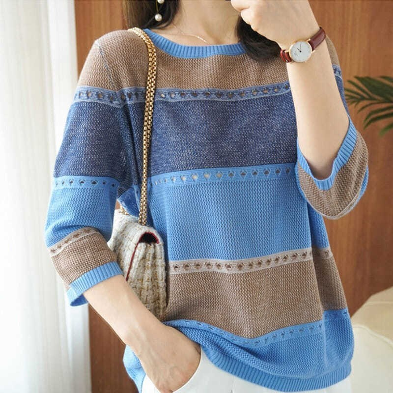 เสื้อไหมพรม แขนสั้น คอกลม ลายแถบสี ผ้าบางนิ่ม สวมใส่สบาย มี3สี