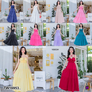 16953 แม็กซี่เดรส สายเดี่ยว กระโปรงแต่งระบาย 3 ชั้น Maxi dress, one-shoulder straps, 3 layers ruffled skirt