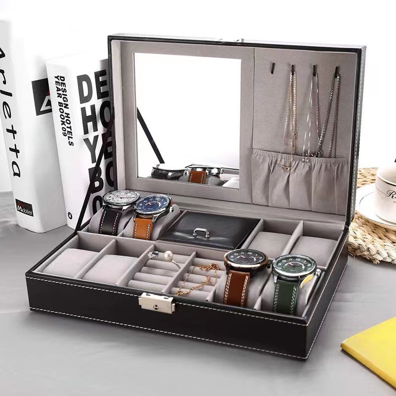 กล่องนาฬิกา กล่องใส่นาฬิกา+เครื่องประดับ PUหนังสีดำคลาสสิก Leather Watch Box - รูปที่ 5