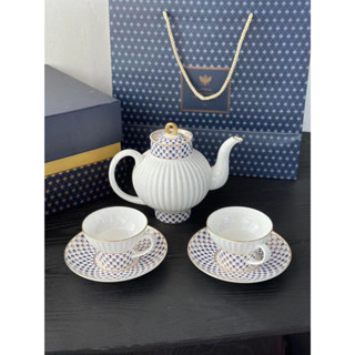 LOMONOSOV Russian Emperor Porcelain White Cobalt Blue English Tea Set Gift Box Premium Bone Porcelain 1 Pot 2 Cups 2 Dis