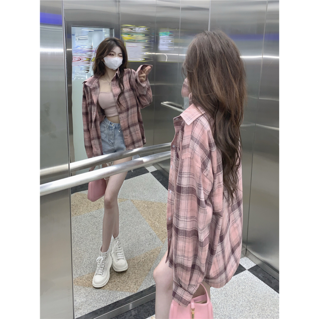 COD PBB2016 เสื้อเชิ้ตลายสก๊อตคอปกแขนยาวผู้หญิง oversize เสื้อคลุมสไตล์สตรีทแฟชั่นเกาหลี ทรงหลวม