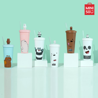 MINISO แก้วน้ำ แก้วทรงสูงพร้อมหลอดลายหมี We Bare Bears ขวดสำหรับใส่ของเหลวสำหรับพกพา