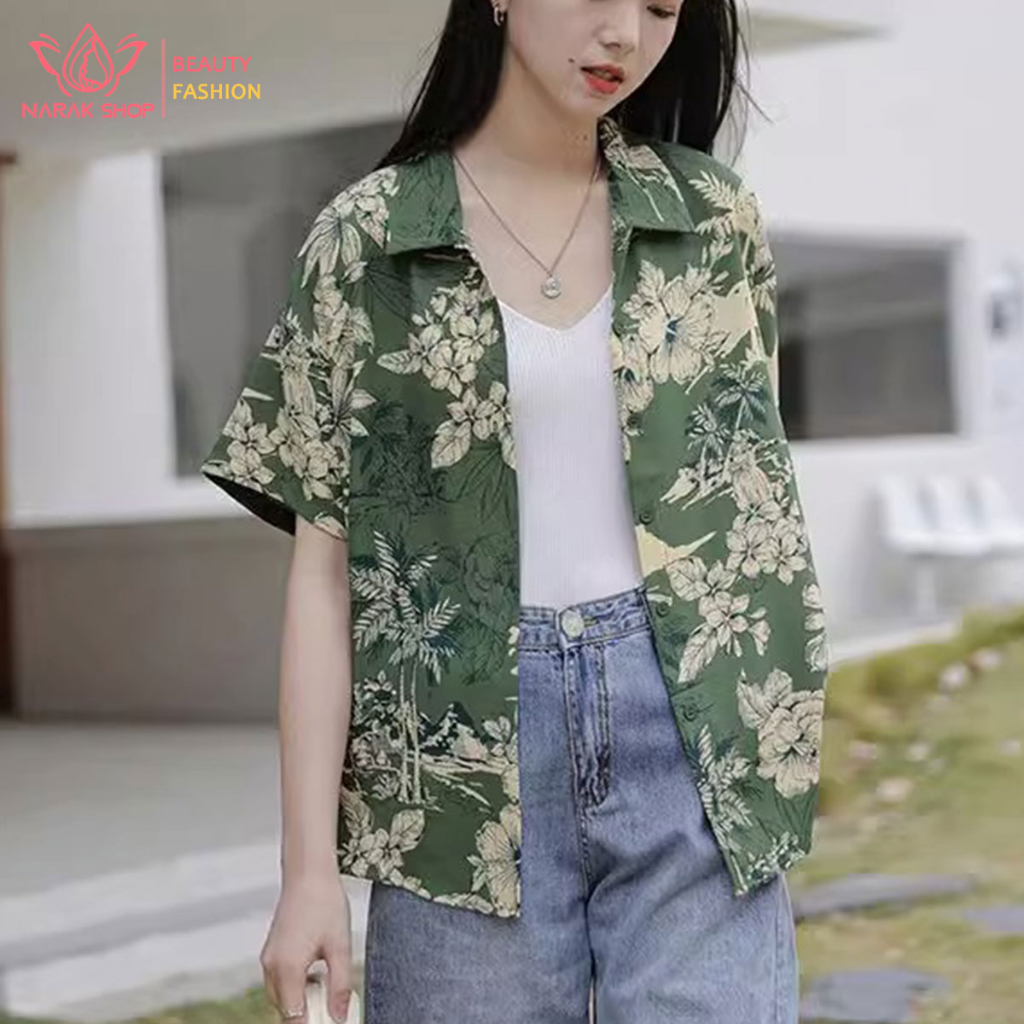 เสื้อเชิ้ตแขนสั้นลายดอกไม้ ใส่คลุมหรือใส่เป็นเดี่ยวๆก็สวย เสื้อ สงกรานต์ ผู้หญิง