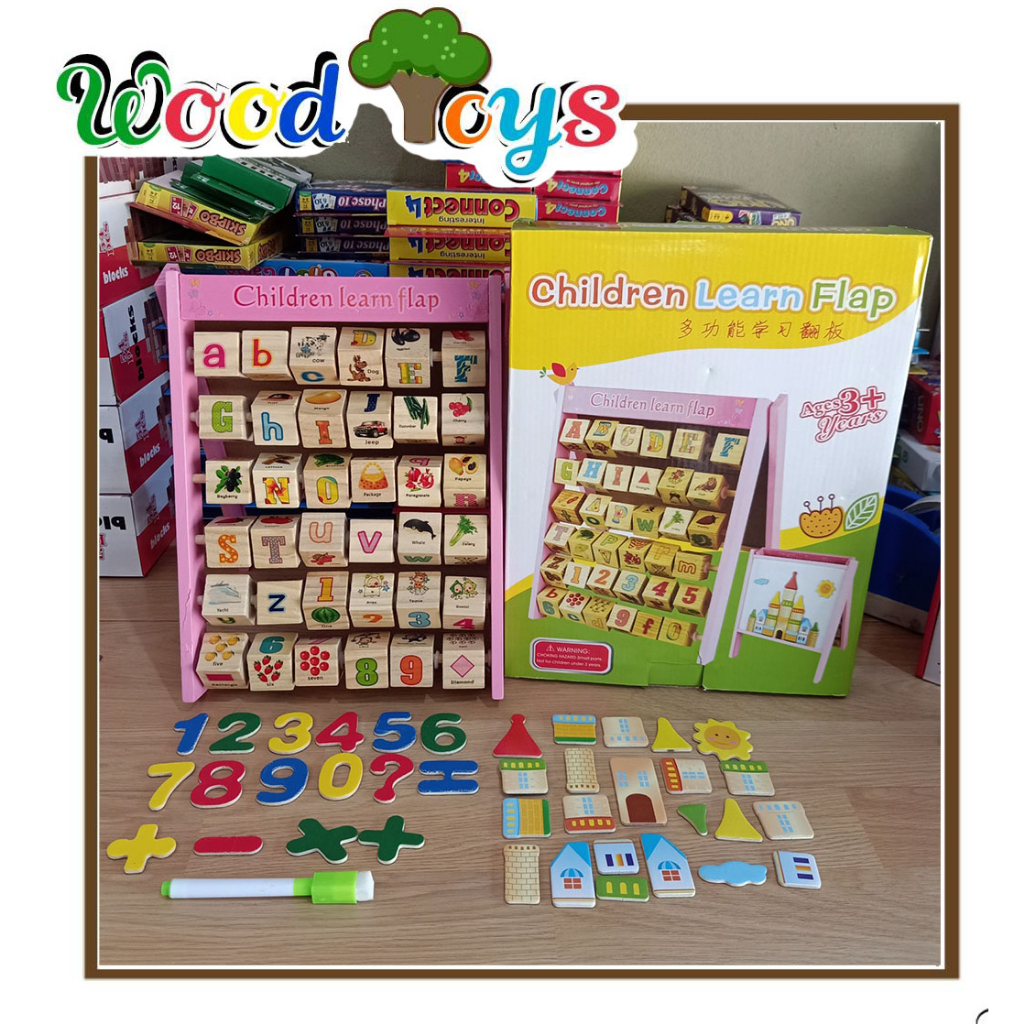 Wooden toys ของเล่นไม้กระดานขาตั้ง เสริมทักษะ 2 in 1 สอนตัวเลช ภาษา และอ่านเขียน Children Learn Flap