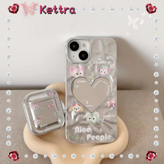 💜Kettra💜ป้องกันการหล่น ขอบเต็ม iPhone 11 14 pro max ริ้วรอย สีเงิน รูปหัวใจ พื้นผิวกระจก การ์ตูน case for iPhone 12 13