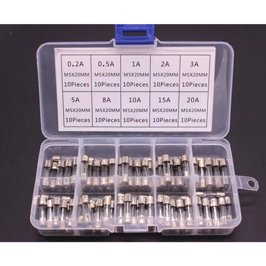100pcs M6X20A Quick Fast Blow Glass Tube Fuse Assortment Kit 0.2A-20A