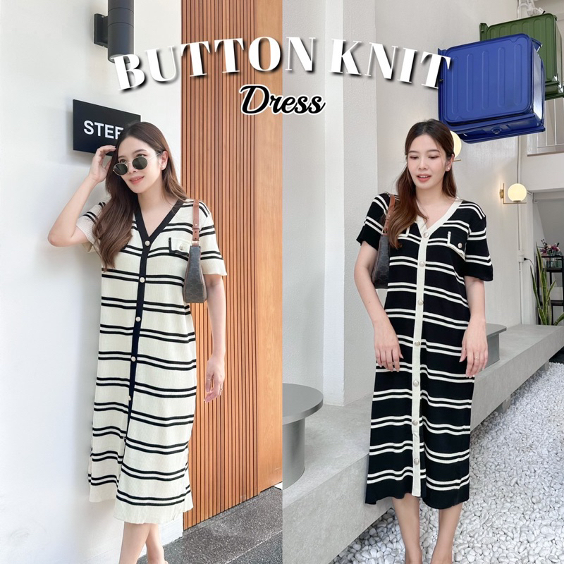BUTTON KNIT DRESS เดรสผ้าไหมพรมทอ กระดุมทอง เนื้อนิ่ม ไม่บาง เรียบหรูดูแพง เนื้อผ้าไม่บาง