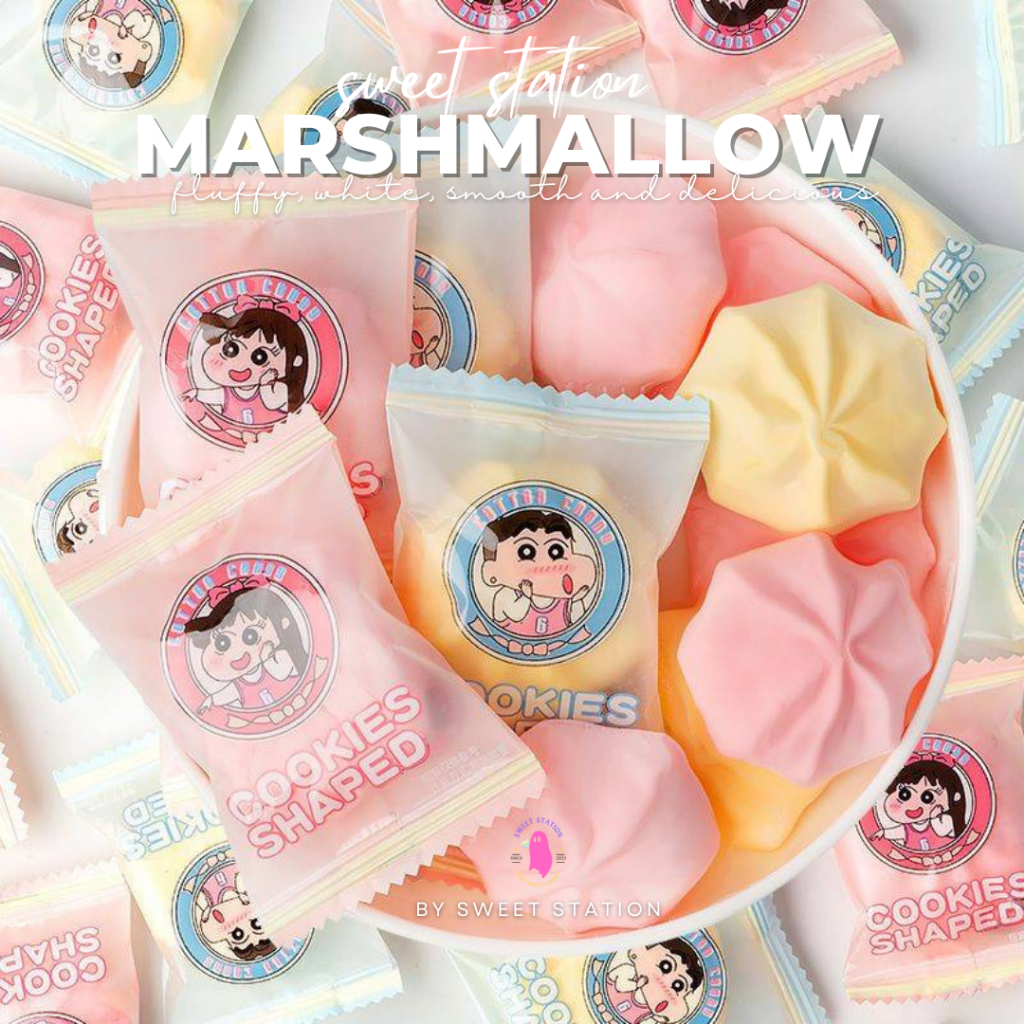 New!! มาร์ชเมลโล่ สอดไส้พีชและมะม่วง (แพ็ก20-40ชิ้น) Marshmallow หอม หวาน อร่อย นุ่ม ละมุน ซองรูปชินจัง น่ารักสุดๆ!