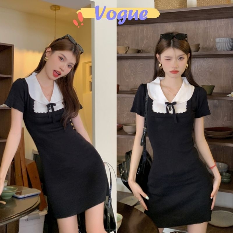 Vogue พร้อมส่ง ชุดมินิเดรสไหมพรม แขนสั้นคอปก เกาหลีเกาใจ (C645) -C