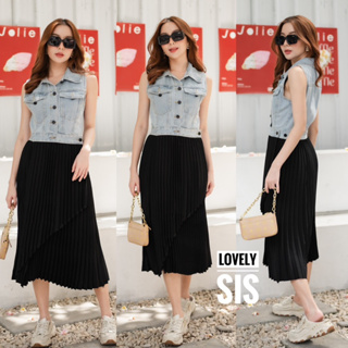 🌈🌿🌼🌺🌸💙🤎🇰🇷 Jeans Sleeveless Patch Pleat Skirt Maxi Dress