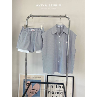 Aviva studio 🖤🤍set เชิ้ตเเขนกุด+ขาสั้นลายริ้ว