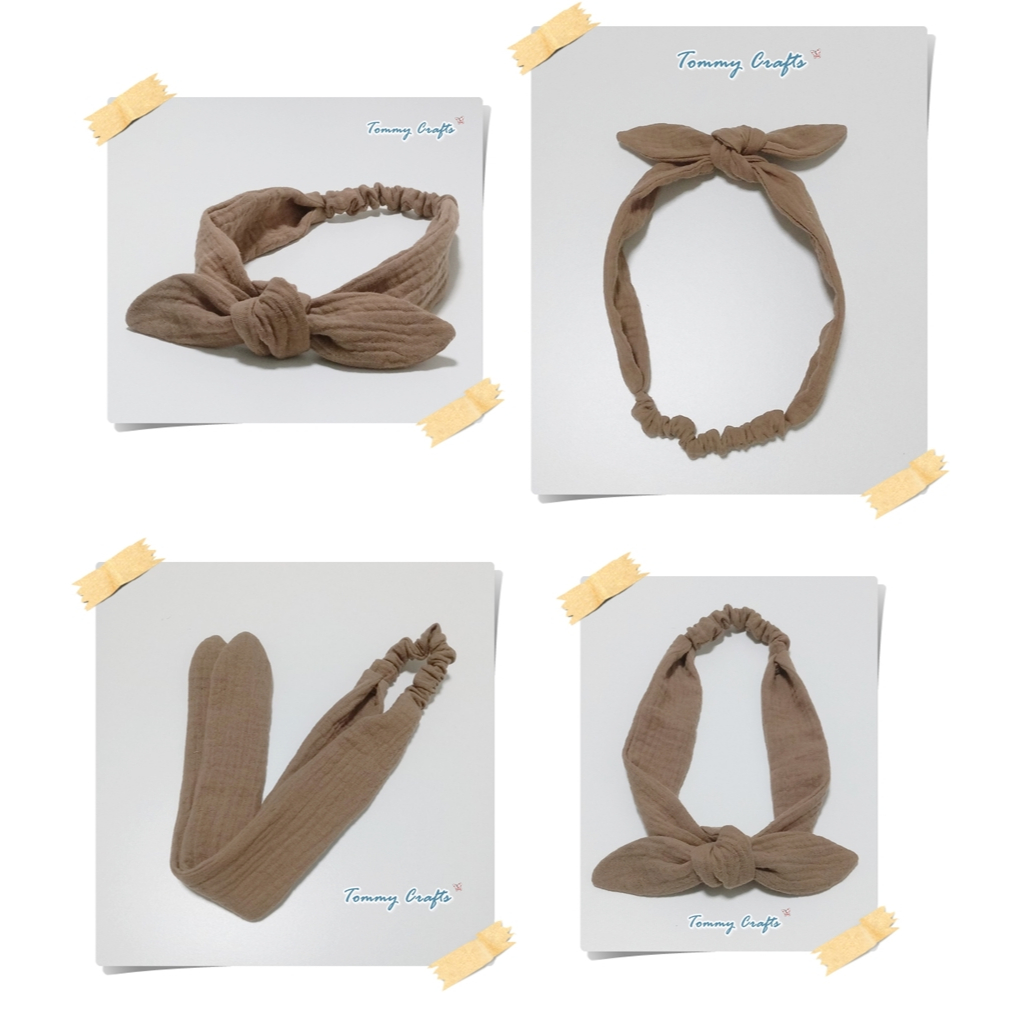 Tommy Crafts ผ้าคาดผมโบว์ผ้าฝ้ายอัดยับ ไซส์เด็ก/ไซส์ผู้ใหญ่ สีครีม Marshmallow/สีน้ำตาล Caramel Cafe cotton Hairbands - รูปที่ 6