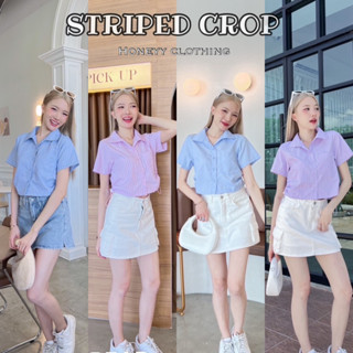 STRIPED CROP เสื้อเชิ้ตครอปคอปกลายริ้วสีพาสเทล ดีเทลติดตัวรูดข้าง