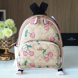 🍀🍀 เป้ COACH CF424 Mini Court Backpack In Signature Canvas With Heart Cherry Print