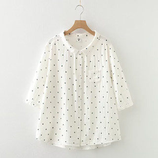 เสื้อเชิ้ตสีขาว ลายจุด polka dot ○ ● 46-48” ปกแคบ - แขนศอก เสื้อลำลองสไตล์ญี่ปุ่น ผ้าฝ้ายสาลู 2 ชั้น MyCotton