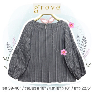 🇯🇵💯grove เสื้อผ้าฝ้ายญี่ปุ่น แขนพอง สี่ส่วน ลายขาว-ดำ (อก39-40)