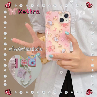 💜Kettra💜สไตล์สร้อยข้อมือ ป้องกันการหล่น เส้นขอบโปร่งใส iPhone 11 14 pro max การ์ตูน หมีน้อย สีชมพู case for iPhone 12 13