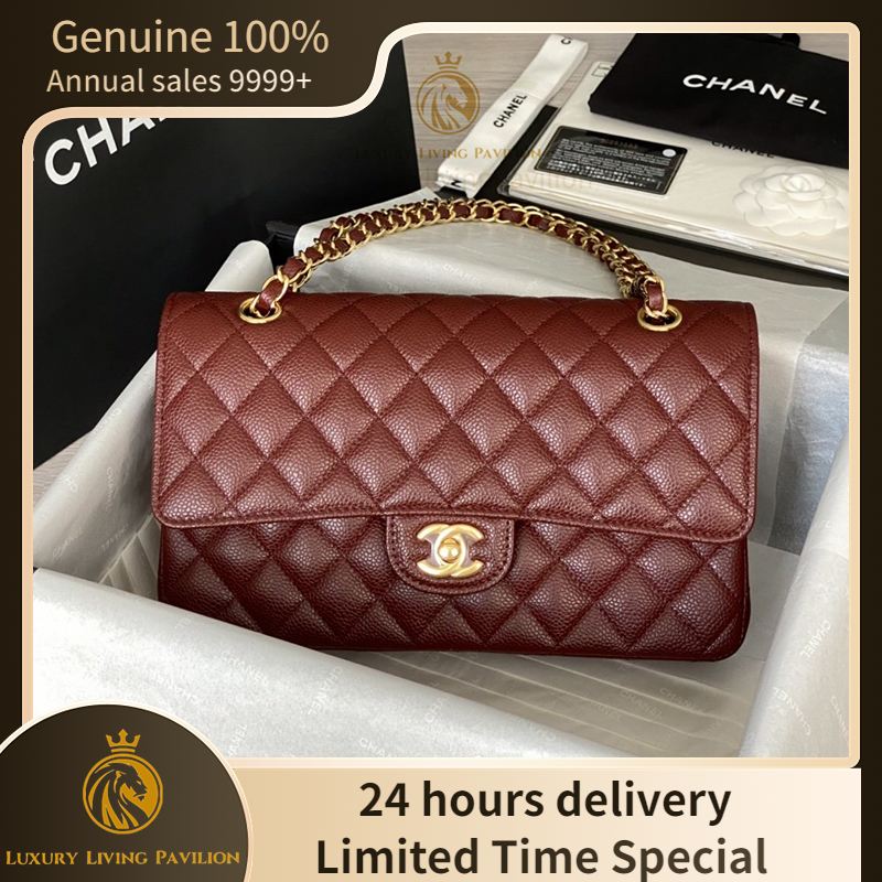 👜ซื้อในฝรั่งเศส ใหม่ Chanel Classic Flap สีแดง/หัวเข็มขัดทอง กระเป๋าสะพาย กระเป๋าแฟชั่น ของแท้ 100%