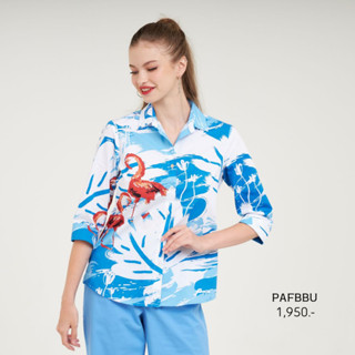 GSP เสื้อสีฟ้า เสื้อปกเชิ้ต พิมพ์ลาย Artistic Bird แขนสี่ส่วน กระดุมผ่าหน้า ทรงพอดีตัว (PAFBBU)
