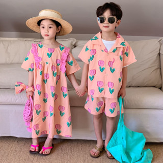 🌷ชุดคู่พี่น้องลายทิวลิปสีพีช - peach tulip kids set