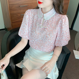 เสื้อคอจีน กี่เพ้า แต่งคอปกผ้าแก้ว เนื้อผ้าชีฟองพรีเมี่ยม แขนตุ๊กตา สายหวาน ใส่สบาย สาวอวบใส่ได้ รุ่น กี่เพ้าชมพู