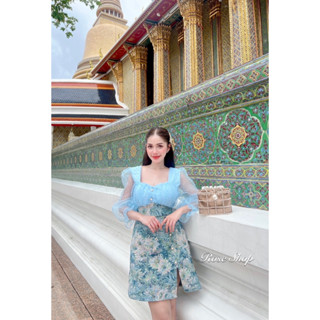 BS3137  เดรสผ้าทอลายดอก เดรสแขนยาวแต่งผ้าออแกนดี้ลายจุด อกเย้บย่นแต่งกระดุมอก