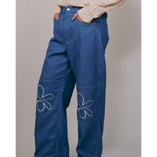 CLUB ✿ 28 Club Wonder Denim Pants in Blue | กางเกงขายาว ดีเทลตัดต่อผ้าลายปักดอกไม้ ผ้าเดนิม สีน้ำเงิน