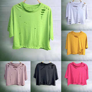 เสื้อครอปแต่งขาด สีพื้น อก42" ยาว18" ผ้าคอตตอน
