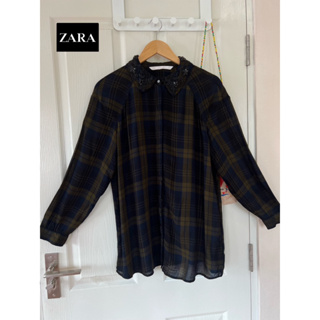 ZARA x shirt x cotton x M เชิ้ตพริ้วๆสก้อตเขียวดำ คอแต่งสวย ใหม่ Tag ครบ อก 38 ยาว 29 Code: 1092(7)