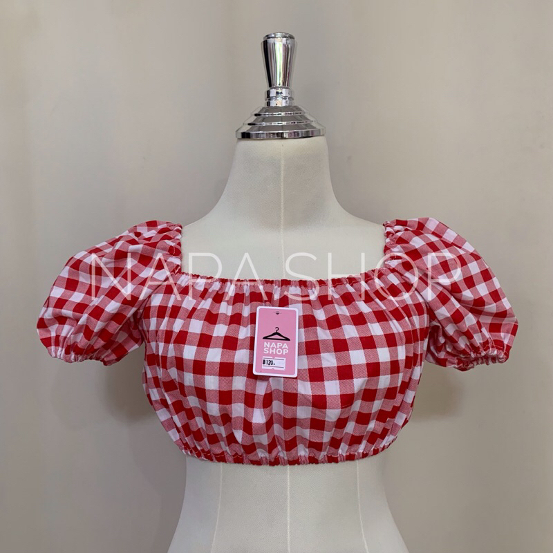 Napa.Shop🌷เสื้อครอปแขนตุ๊กตา พิมพ์ลายสก็อต ดีเทลผูกหลัง