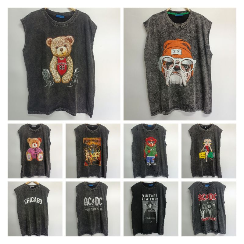 เสื้อแขนกุดแขนล้ำผ้าฟอกวินเทจลายวงลายน่ารักๆแต่งขาด-ไม่ขาด