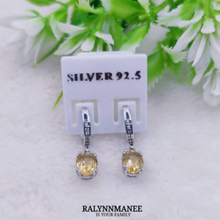 L6427 ต่างหูพลอยซิทรีนแท้ ( Citrine )  แบบอิงลิชล็อค ตัวเรือนเงินแท้ 925 ชุบทองคำขาว