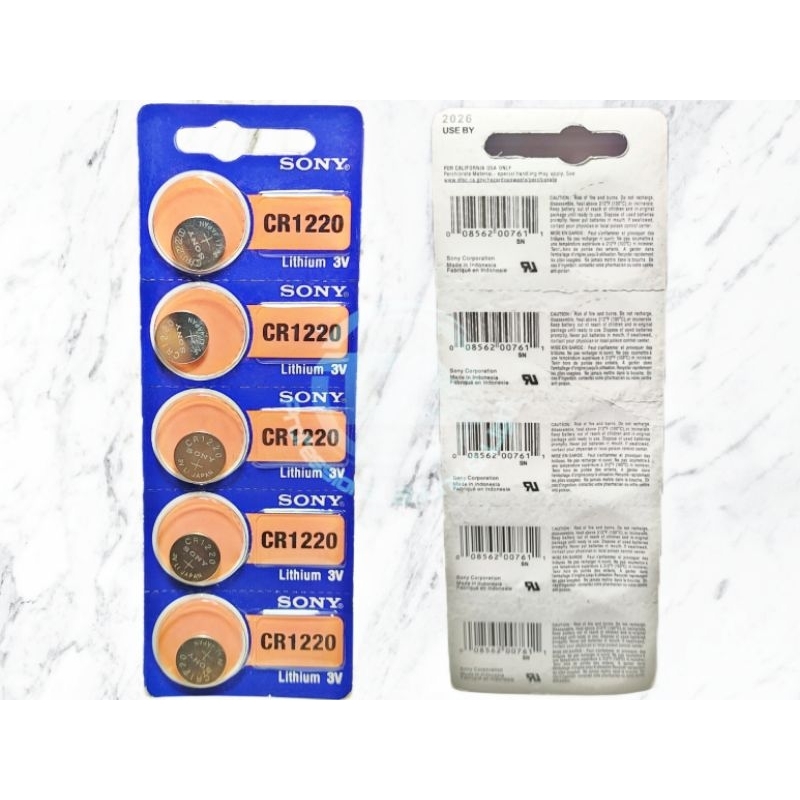 ถ่านกระดุม ถ่านรีโมท SONY CR 1220 Lithium 3V แท้ 100% ไม่คายประจุไฟ และ สารปรอท  จำหน่ายแบบยกแผง 5 ก