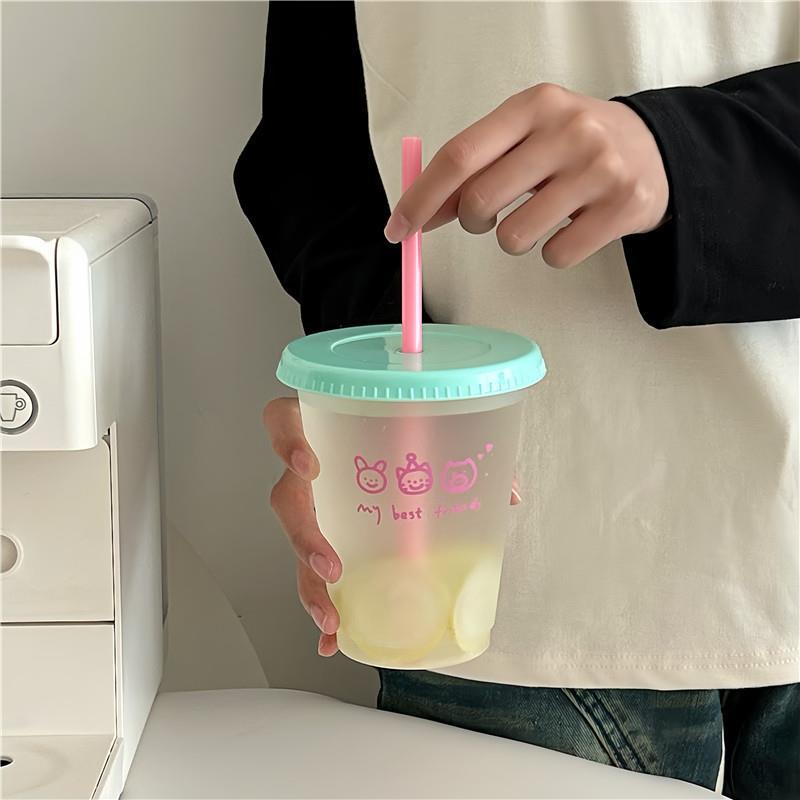 (พร้อมส่ง ) Cute plastic straw cup แก้วพลาสติก มีฝาครอบ+หลอด