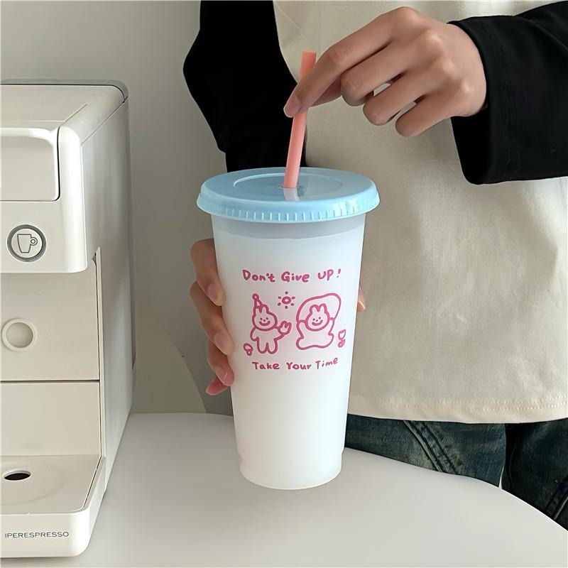 (พร้อมส่ง ) Cute plastic straw cup แก้วพลาสติก มีฝาครอบ+หลอด