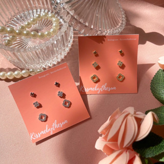 Kissmebythesun - Francesca earrings set | เซตต่างหูจี้ดอกไม้ ชุบทองคำขาว ก้านเงิน S925