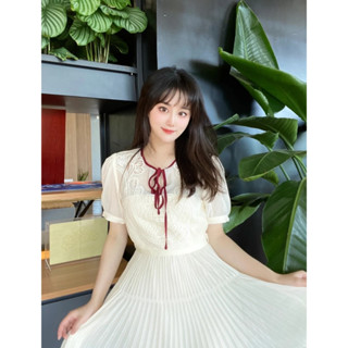 SP225S : Ivory Macrame Lace Chiffon Mini Dress มินิเดรสผ้าชีฟองลูกไม้ สีครีม