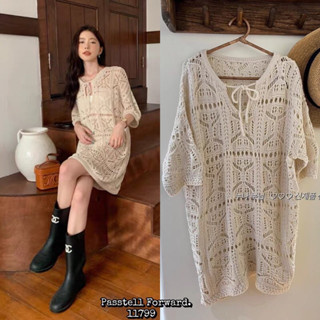 🇰🇷New🇰🇷  Korea crochet dress Dressถักสีครีมผูกหน้า ทรงปล่อยใส่สวย ชุดเดียวเอาอยู่ค่าา