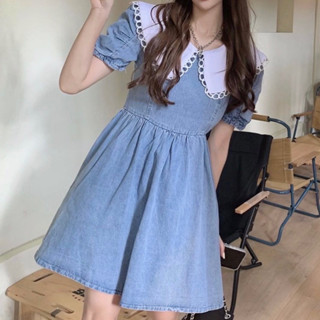 denim jinny Dress เดรสยีนส์ดีเทลคอปกสีขาว แขนตุ๊กตา