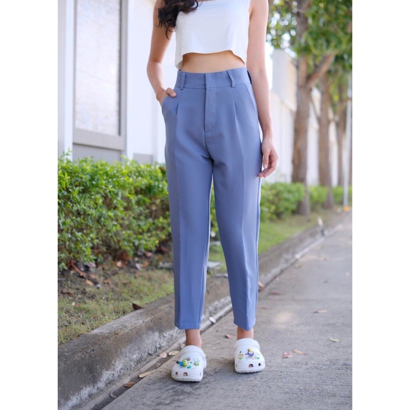 🧚🏻‍♀️ stnnxz - S00 ส่งต่อกางเกงผ้าขายาว ทรงบอย กระบอกเล็ก 8 ส่วน สีฟ้าของ April shop ** มีตำหนิ**