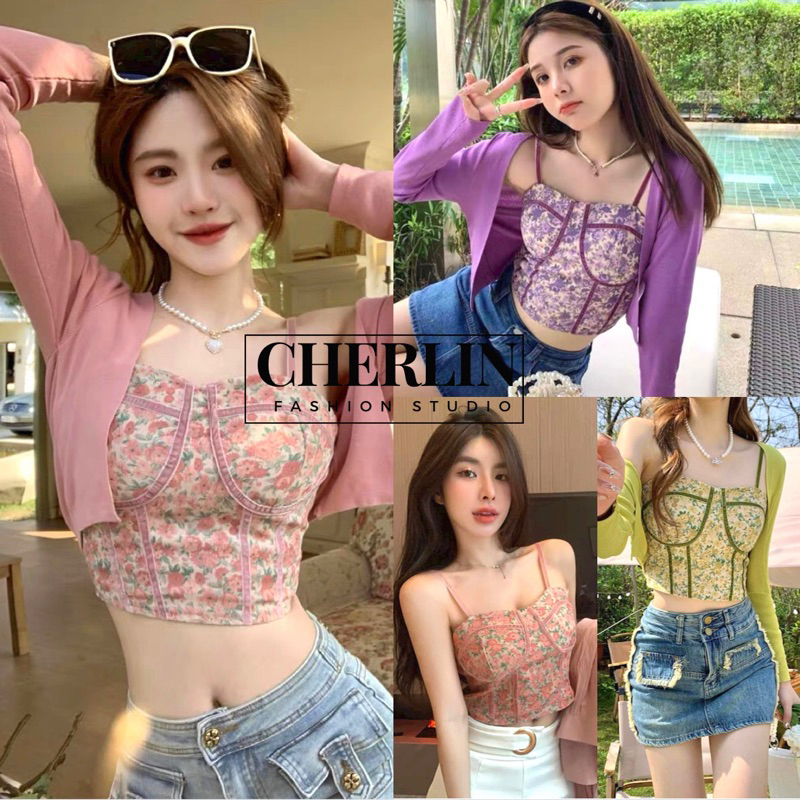 เสื้อครอป ลายดอก ไสตล์เกาหลี มีฟองน้ำในตัว(P)