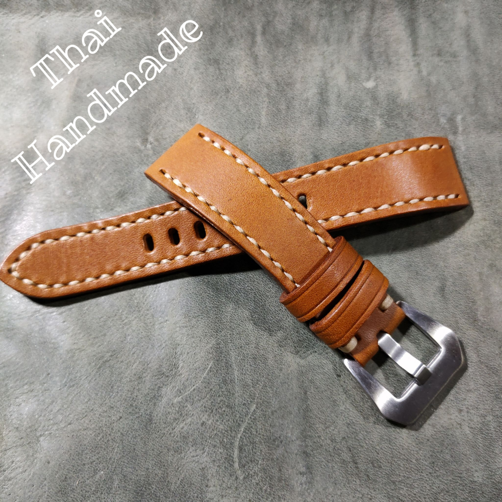 สายนาฬิกาหนังแท้ สีแทน #รุ่นTan_White งานhandmade ขนาด18mm.19mm.20mm.21mm.22mm.23mm.24mm.ไซส์พิเศษ25-30mm.แถม