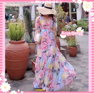 พร้อมส่ง Rosy Dress เดรสลายดอกกุหลาบ ผ้าชีฟองพริ้ว โทนสีหวาน คอวีกระดุมหน้าช่วงบน มีซับใน งานป้ายBeidi