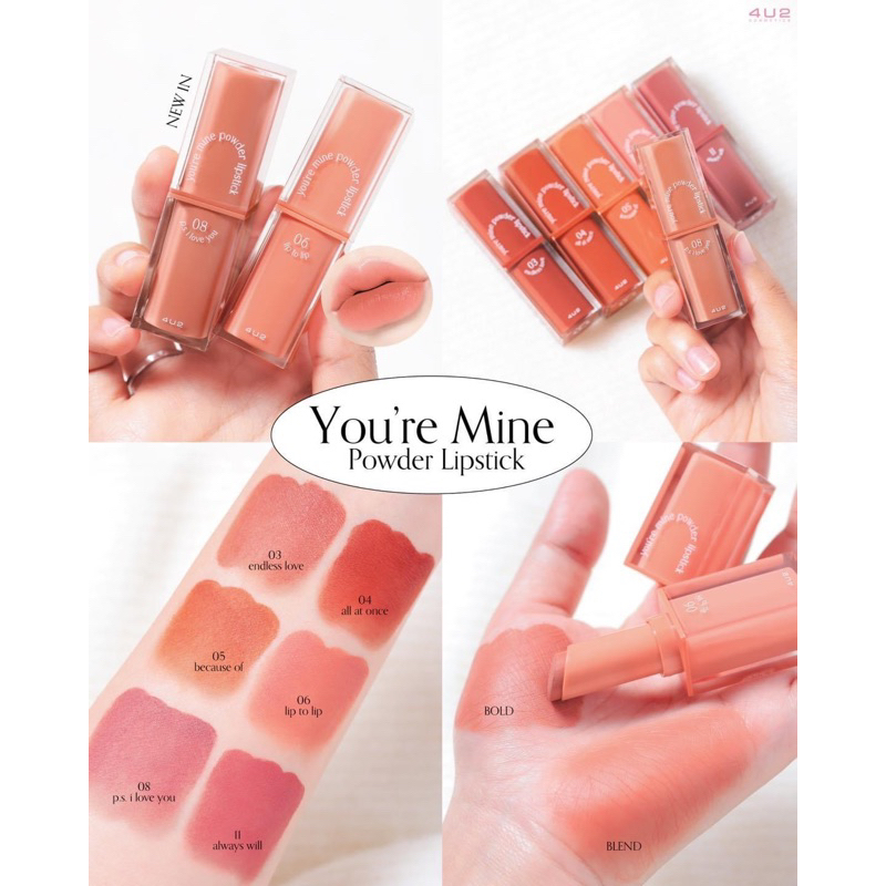 ลิป 4U2 You’re mine ขายดีตลอดกาล เนื้อซอฟท์แมทสีนุ่มแน่นกลบและเบลอร่องริมฝีปากดีมาก มีให้เลือก 12 เฉ