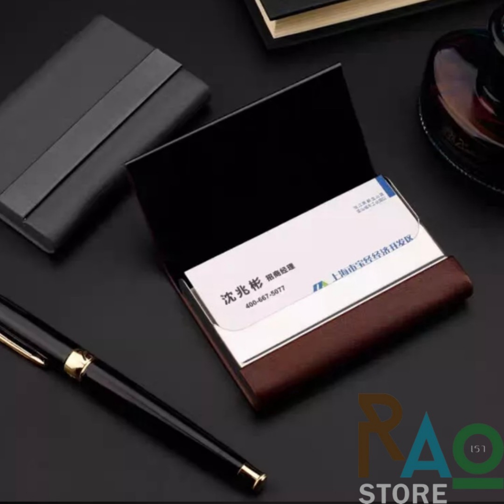 RAO Store กล่องใส่นามบัตร  ที่ใส่นามบัตรสแตนเลส + หนังPU กระเป๋าใส่นามบัตรพกพา Business Card Holder