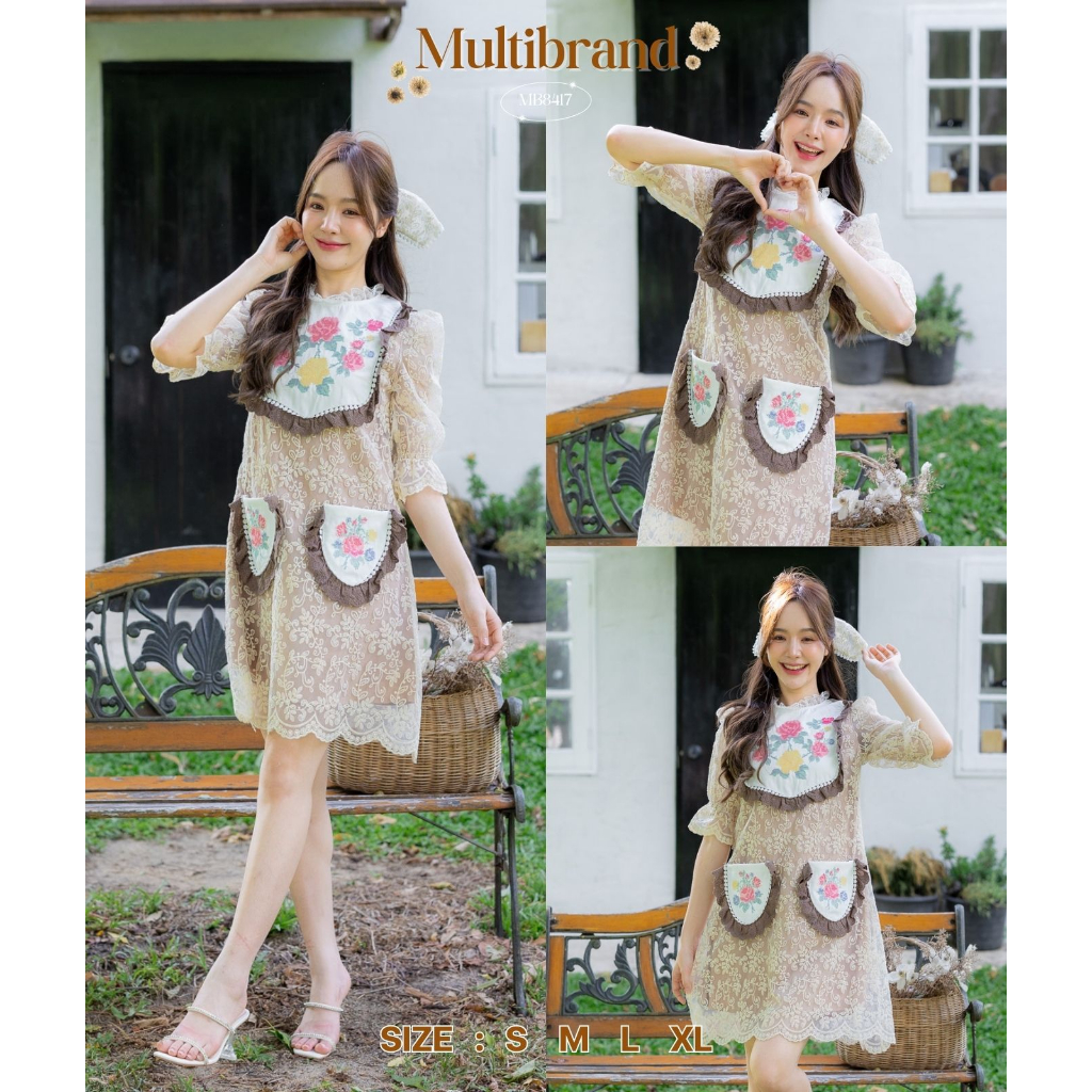 Iงานป้าย Multibrand 8417 {S-XL} (ป้ายแท้) มี 4 ไซส์ เดรสสั้นลูกไม้ แขนศอก แต่งปักลายดอก