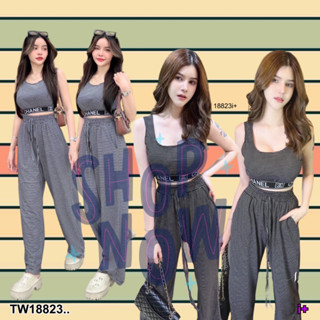 TwinsShopVip💗พร้อมส่ง TW18823 Set 2 ชิ้น เสื้อกล้าม เอวยางยืดลายริ้ว + กางเกงขายาวลายริ้ว ..