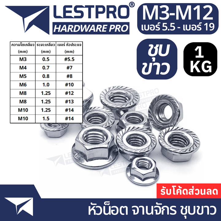 1 กิโลกรัม หัวน็อต จานจักร ติดแหวน M3 M4 M5 M6 M8 M10 M12 ตัวเมีย ชุบขาว เกลียวมิล หยาบ DIN6923 WHIT