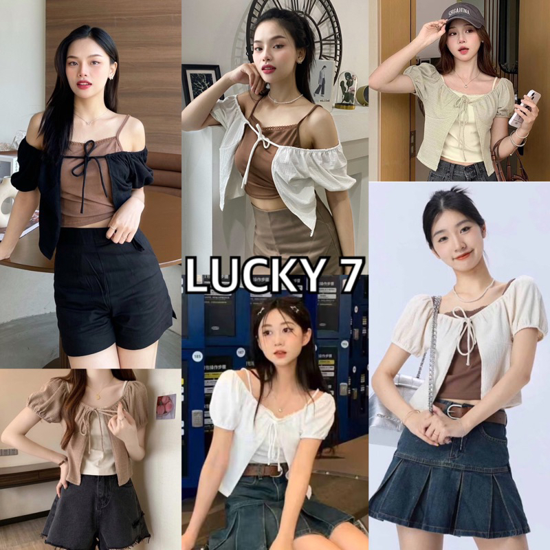BY IRA  (725) Macaron Top เสื้อแฟชั่น ดีเทลเป็นสองชิ้นแบบเย็บติด ผูกอกแขนตุ๊กตา สไตล์เกาหลี